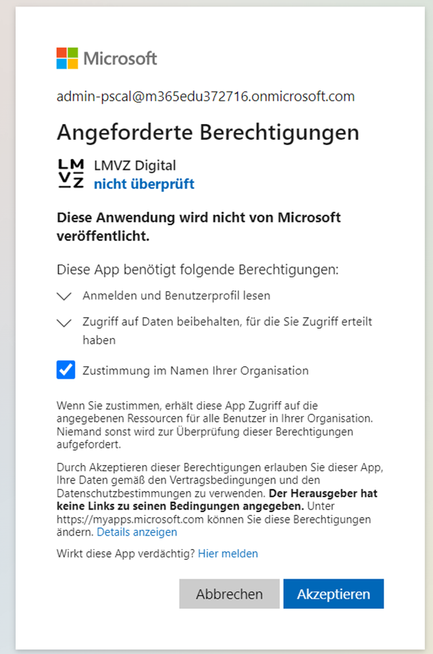 Zustimmung für Organisation erteilen 